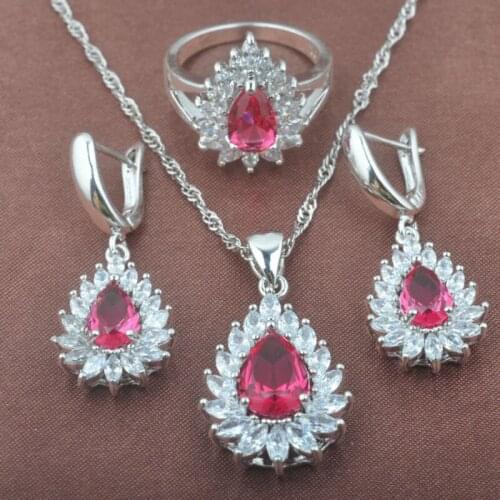 Exquisite Rose Red Crystal & White Zircon Womens Silver Color Jewelry Sets Necklace Pendant Earrings Ring TZ0395