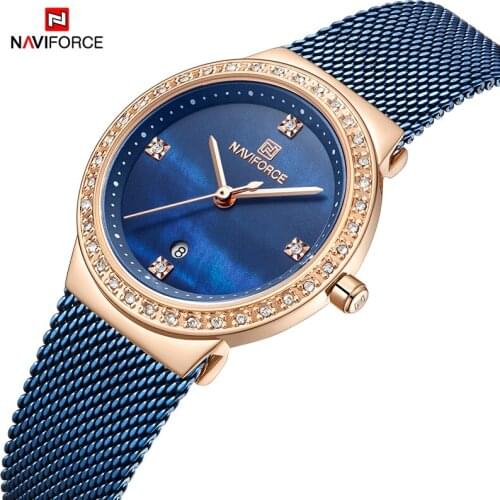 NAVIFORCE Women Watch Fashion Wrist Blue Watch Stainless Steel Strap Mesh Girl Wrist Watch Quartz Lady Water Ressistance Clock
