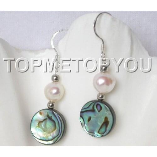 Wholesale Charming! 12mm coin Abalone shell white pearls earrings 925ss