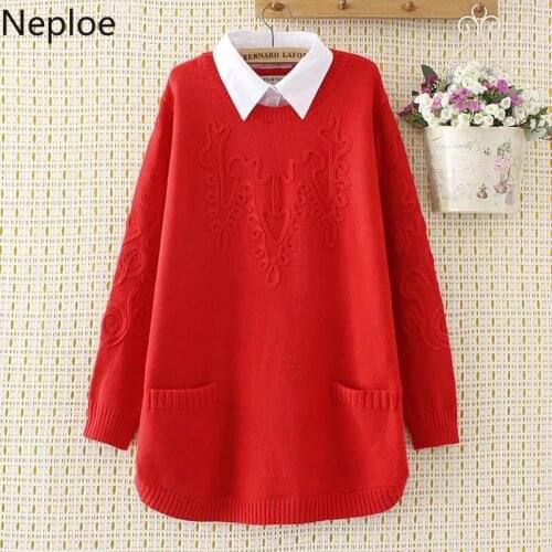 Neploe Autumn Winter Plus Size Sweater Women 4xl Patch Pockets Casual Fake Two Pieces Shirt-collar Knitwear Pull Femme 46375