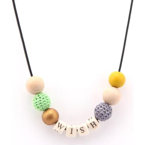 SANSHOOR Wish Letter Alphabet Wooden Bead Necklace With Crochet Beads And 80cm Black Rope Chain For Women Gift 2Pcs