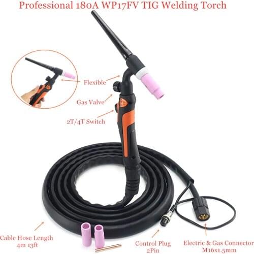 Professional 180A WP17FV TIG Welding Torch Tungsten WP17 4m 13ft Integrated Air Cooled Flexible Handle Valve for TIG Welder