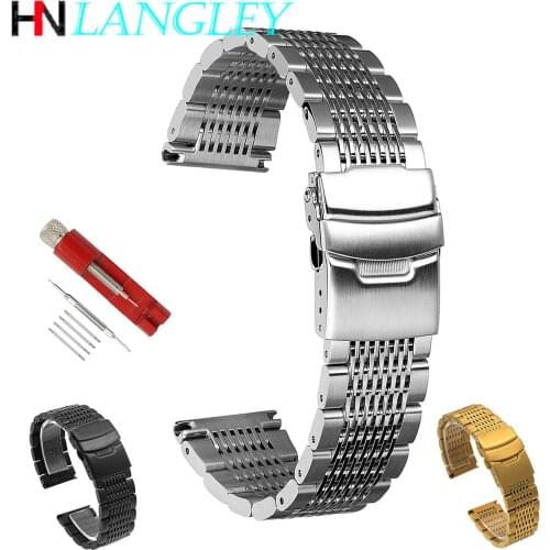 Solid Mesh Stainless Steel Watch Band Bracelets 18mm/20mm/22mm/24mm Watch Straps Deployment Buckle Brushed/Polished Strap