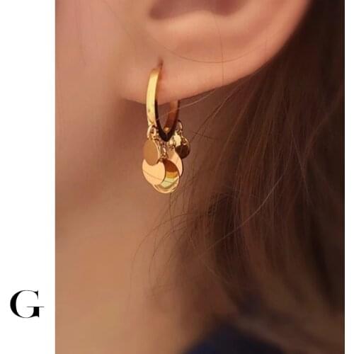 GHIDBK Stainless Steel Coin Pendant Tassel Huggie Hoop Earrings Women Minimalist Charm Circle Earring Layering Geometrical Hoops