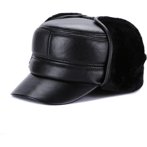 Male Sheepskin Leather Hat Male Ear Protection Warm Winter Cap Elderly Peaked Cap Mens Thickened Leisure Hat B-7180