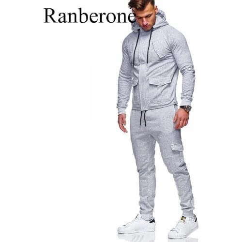 Ranberone Solid Color Mens Sports Suit Zipper Hooded Sweater + Sweatpants Set Casual Gym Clothes Men Workout Tracksuit Male