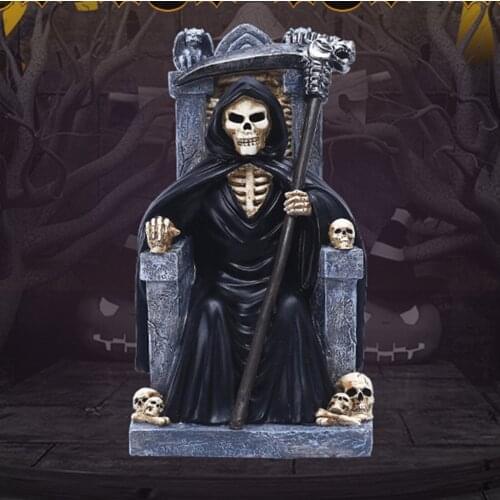 Halloween Resin Death Grim Reaper Statue Sitting On Skeleton Throne Figurine Decoration
