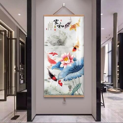 Vintage lotus mural picture Traditional Carp Canvas Calligraphy Painting Living Room Study Decorative Wall Art With Frame