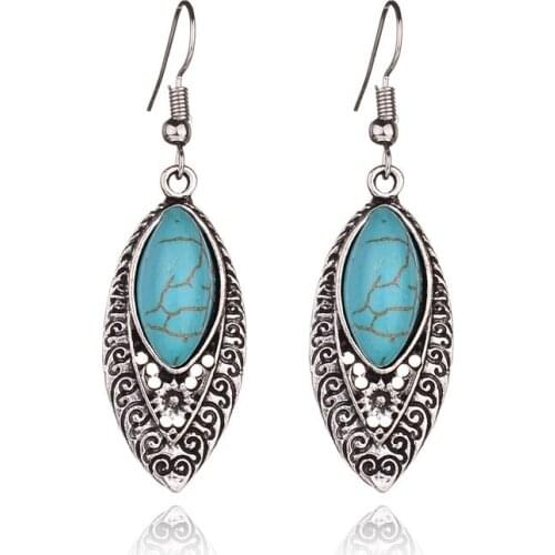 Vintage Marquise Blue Stone Dangle Earrings for Women Antique Silver Color Ethnic Bohemian Jewelry Tibetan Turquoises Earrings