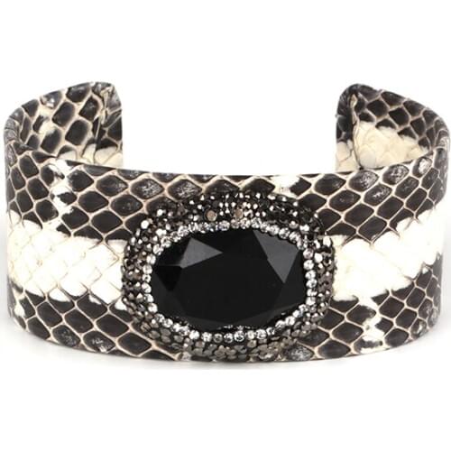 Pave rhinestone black obsidian stone bead charm adjustable grey snake leather wide wrapped open bracelet bangle cuff for women