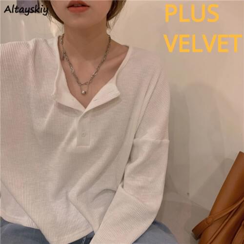 Solid T-shirts Women Button Simple Korean Style Elegant Trendy Plus Velvet Spring Autumn Popular Soft Cozy Female Top Chic New