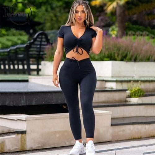 INWOMAN Autumn Sexy Black 2 Two Piece Sets Womens Outfits 2021 V Neck Short Sleeve Top Drawstring Pant Suits Female Matching Set