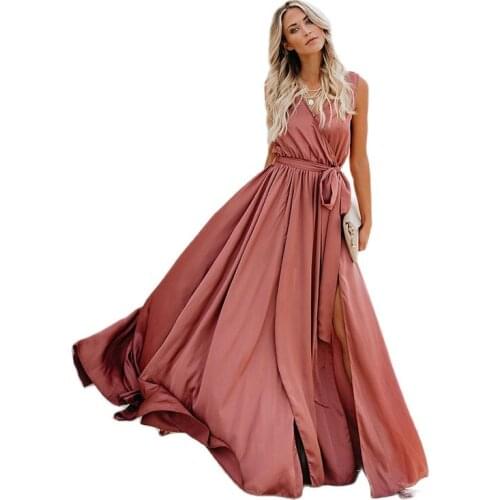 Yellow Dress Long Maxi Dress Plus Size Sleeveless V Neck Lace Up Split Casual Loose Dress 2020 Ladies Elegant Bohe Beach Dress