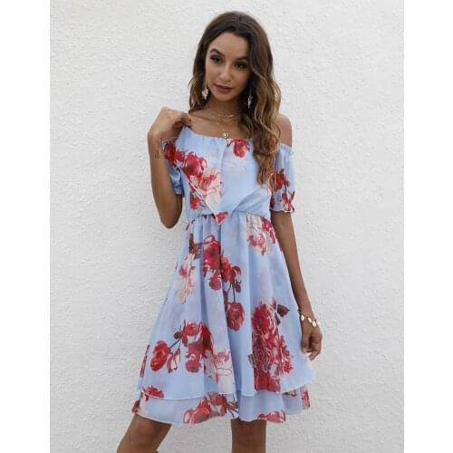 Women Robe Femme Summer Print A-Line Dresses Patchwork Sling Short Sleeve Elastic Waist Chiffon Dress For Woman Vestido De Mujer