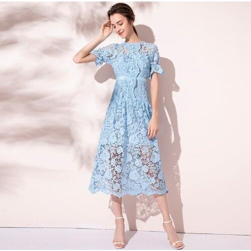 2020 High Quality summer women fashion runway Dress Water soluble lace bubble sleeve hollow party dresses