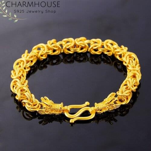 Hip Hop Pure Yellow Gold Color Bracelets for Men 8mm Dragon Chain Bracelet & Bangles Wristband Pulseira Fashion Jewelry Bijoux