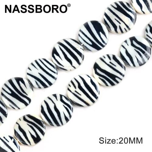 20mm Flat Round Shape Zebra Striped Printed Two Sides Pattern Shell Beads Spacer Bead Beads for Jewelry Making DIY 15"strand