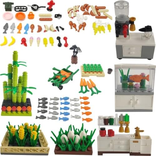 City Series Bamboo Fish Tank Drinking Fountain Carrot Flower Bed Sausage Model Toys Educational Building Blocks Cities