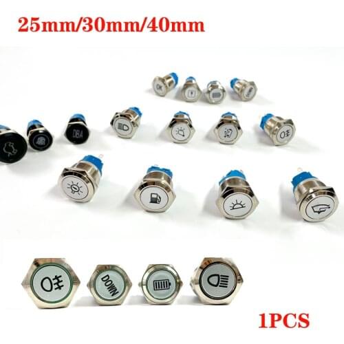 25/30/40mm Metal Push Button Switch LED Light DIY Logo Symbol Icon Signal Customization Waterproof Chromed Oxide Black for Car