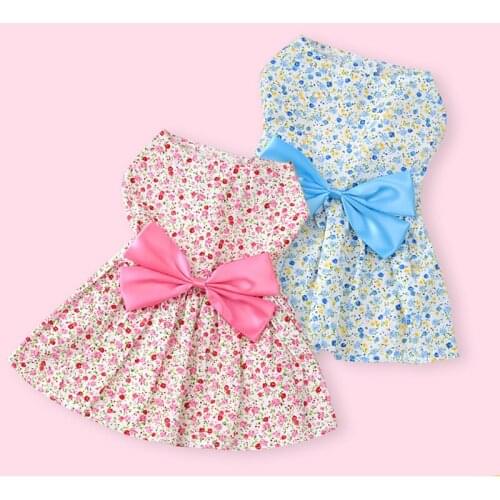 Cute Bow Flower Dress Spring Summer Dog Cat pet Princess Apparel Clothing Pink Blue for small