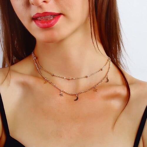 Fashion Simple Moon Pentagram Pendant Necklace Womens Double Layer Gold Choker Accessories Charming Ladies Party Jewelry