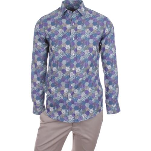 Gentilbay Mens Ethnic Digital Printed Cotton Purble Slimfit Long-Sleeve Sport Classic Shirt DPD032