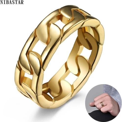 NIBASTAR Cuban Chain Ring For Men Creative Hollow Chain Ring Stainless Steel Punk Style Geometry Finger Jewelry Gift