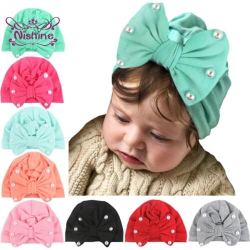 Nishine 14 CM Solid Color Big Bowknot Baby Girls Hats High Quality Warm Bonnet Fashion Handmade Beads Bows Caps Infant Headwear