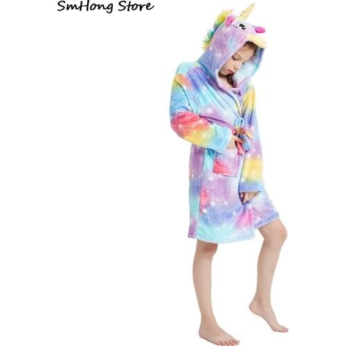 2020 New Winter Flannel Kigurumi Unicorn Bathrobe Children Pyjamas Baby Girls Unicorn Beach Towels Bath Robes Sleepwear
