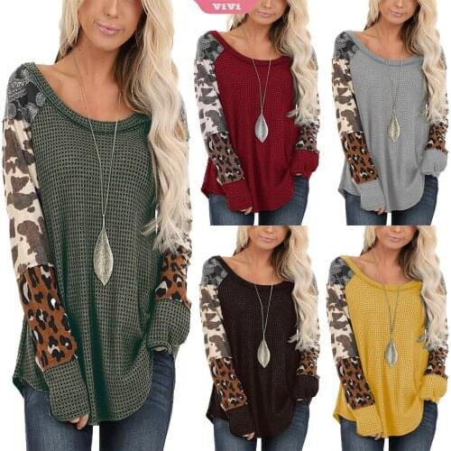 2021 New Ladies T-shirt Round Neck Leopard Print Color-blocking Long-sleeved T-shirt Autumn Base Patchwork Top