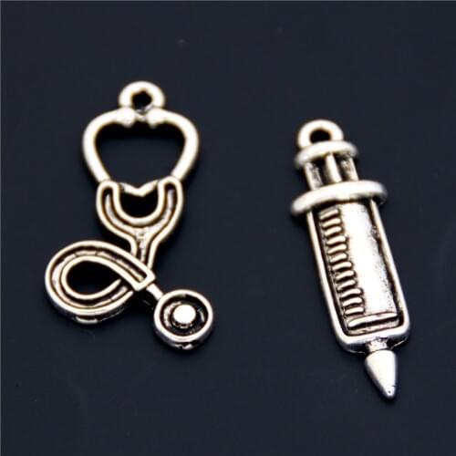 25pcs Silver Color Medical Stethoscope Syringe Charms Nurse Doctor Pendant DIY Jewelry Making