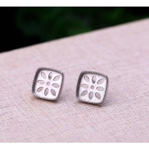 Sterling Silver 925 Stud Earrings Women White Gold Color Yellow Gold 10x10mm Cushion Cabochon Semi Mount Earrings Setting