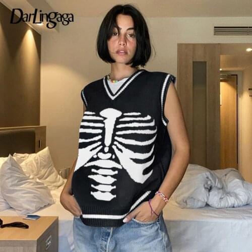 Darlingaga Streetwear Gothic Skeleton Print Y2K Sweater Vest Korean Fashion Autumn Pullover Women Brown Knitted Sweaters Jumpers