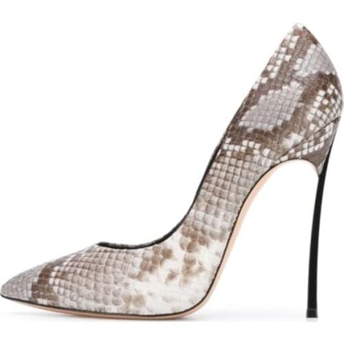SHOFOO shoes,Beautiful fashionable womens shoes, snake grain leather, about 12cm high-heeled womens shoes, pointed toe pumps