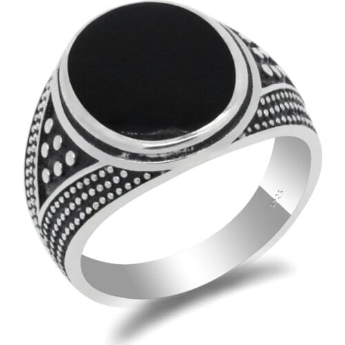 Turkish Handmade 925 Sterling Silver Men Ring Oval Black Enamel Vintage Thai Silver Design for Men Women Party Jewelry