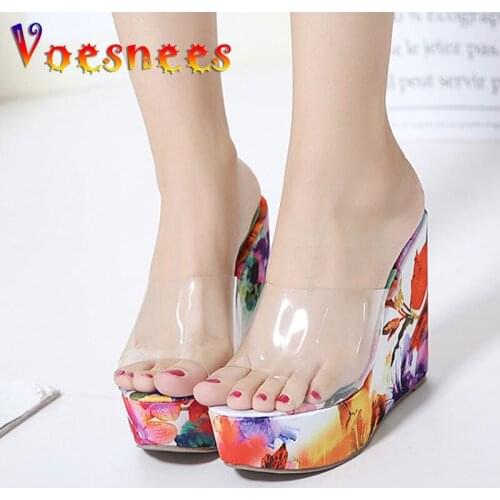 Voesnees 2021 Summer Slippers Women PVC Transparent Clear Sandals Platform Wedges Crystal High Heels Ladies Slides Beach Shoes