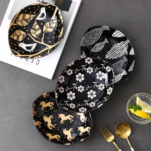 LingAo Japanese creative hand-painted relief under glaze color ceramic tableware household dessert salad fruit olive boat plate