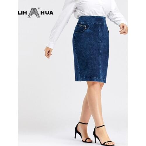 LIH HUA Womens Plus Size Denim Skirt High Flexibility Slim Fit Dress Casual Woven Skirt
