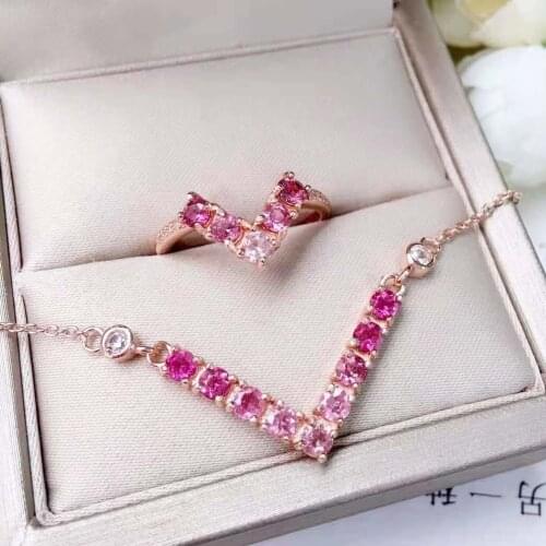Natural Gradient Tourmaline S925 Sterling Silver V Ring Pendant Necklace Set Charming Fine Fashion Jewelry for Women MeibaPJFS