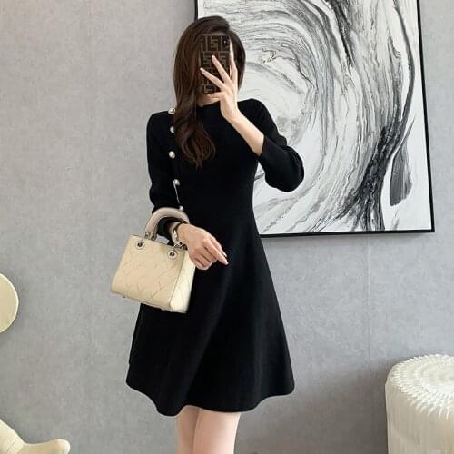 Black Knitted Sweater Dress Women Clothing High Waist Autumn Winter Fashion Half Turtleneck A Line Knitted Dresses Vestidos