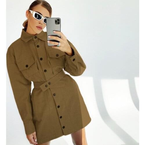 Vintage Corduroy Women Dress Blazer Sashes Breasted Long Sleeve Short Dress Sashes Tunic Dress Brown Casual Cotton Outerwear