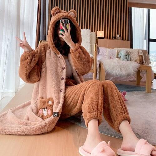 2PCS Warm Winter Women Flannel Robes Set Sleepwear Nightgowns Thick Coral Fleece Kimono Plus Size 5XL Cute Christmas Pajamas