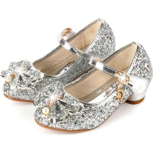 2021 Princess Kids Leather Shoes For Girls Flower Casual Glitter Children High Heel Girls Shoes Butterfly Knot Blue Pink Silver