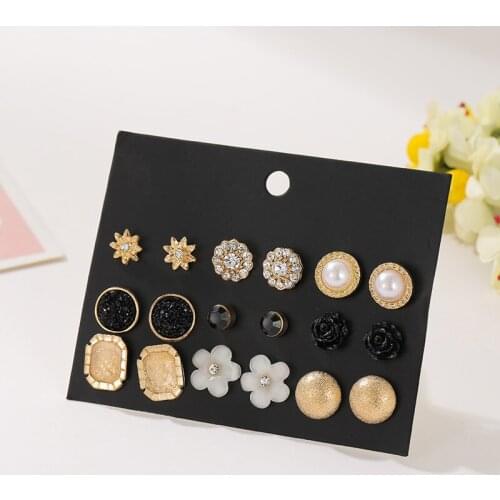 9Pairs/Set Korean Trendy Resin Flower Stud Earring Set Cute White Pearl Earring Mixed Kids Girls Jewelry