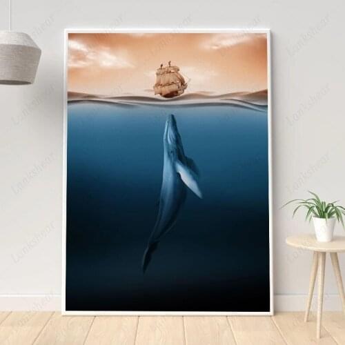 Whale Sea Ship Abstract Canvas Painting Modern Wall Art Nordic Posters and Prints Wall Pictures for Living Room Home Decoration