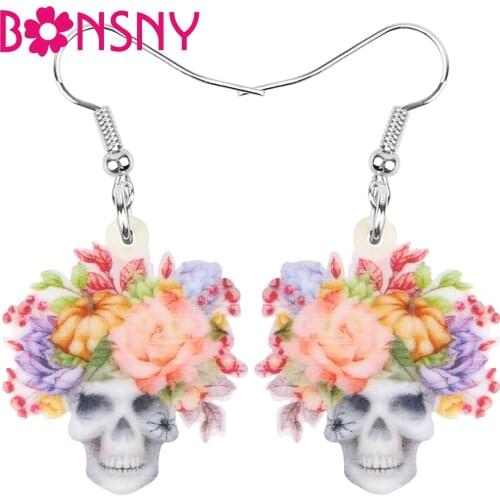 Bonsny Acrylic Halloween Flower Skull Earrings Aesthetic Skeleton Dangle Drop Jewelry For Women Girl Friend Charm Gift Accessory