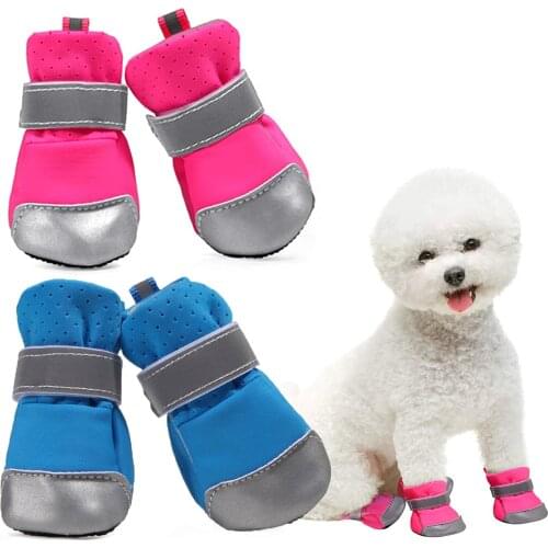4Pcs Solid Color Dog Boots Reflective Velcro Pet Dog Shoes Non-slip Waterproof Dogs Shoes Cover Socks Soft-soled Boots Outdoor