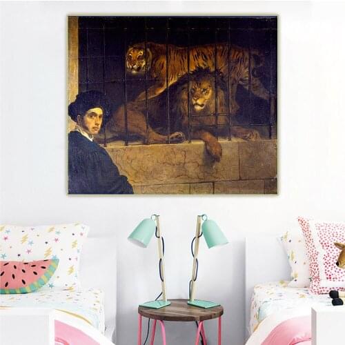 Citon Francesco Hayez《Self portrait with Tiger and Lion》Canvas Oil Painting Art Picture Background Wall Decor Home Decoration
