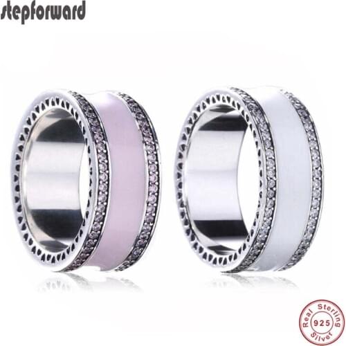DIY High Quality New Collection Fashion And Popular Brand Enamel 925 Real Silver Pearlescent And Pink Hearts of Band Ring