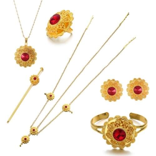 Ethiopian Red Stone Jewelry Sets Hair Pcs Gold Jewelry Sets For Ethiopian Women Hair Accessories